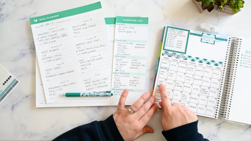 Monthly menu planning in a paper planner using plannerkate stickers and a cultivate what matters notepad