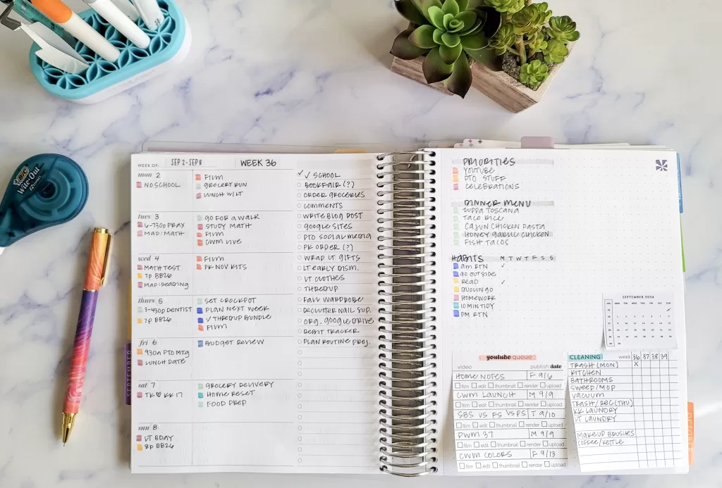 Two Page Spread open Planner to weekly overview on one page and a dot grid page for tracking habits and menu plan